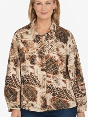 Chico's Womens Shirt 3 (XL) Button Up Ultrasuede Shacket Beige Brown Geo Tribal